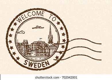 Welcome to Sweden. Brown postal stamp, round postmark with Stockholm sightseeings. Vector illustration