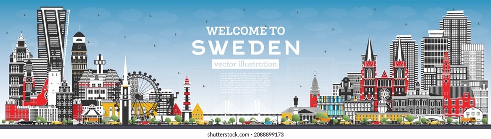 Willkommen in Schweden. City Skyline mit grauen Gebäuden und Blue Sky. Vektorgrafik. Konzept mit historischer Architektur. Schweden Stadtlandschaft mit Sehenswürdigkeiten. Stockholm. Uppsala. Malmo. Göteborg.