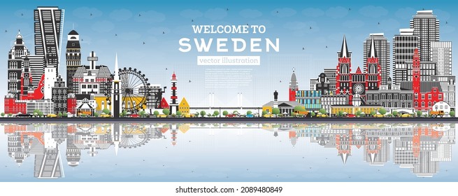 Willkommen in Schweden. City Skyline mit grauen Gebäuden, blauem Himmel und Spiegelungen. Vektorgrafik. Historische Architektur. Schweden Stadtlandschaft mit Sehenswürdigkeiten. Stockholm. Uppsala. Malmo. Göteborg.