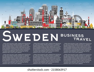 Welcome to Sweden. City Skyline with Gray Buildings, Blue Sky and Copy Space. Vector Illustration. Historic Architecture. Sweden Cityscape with Landmarks. Stockholm. Uppsala. Malmo. Gothenburg.
