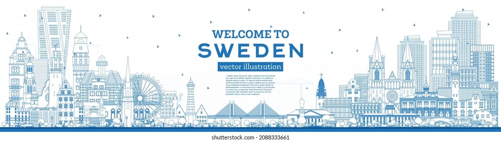 Willkommen in Schweden. Skyline Stadt mit blauen Gebäuden umreißen. Vektorgrafik. Konzept mit historischer Architektur. Schweden Stadtlandschaft mit Sehenswürdigkeiten. Stockholm. Uppsala. Malmo. Göteborg.