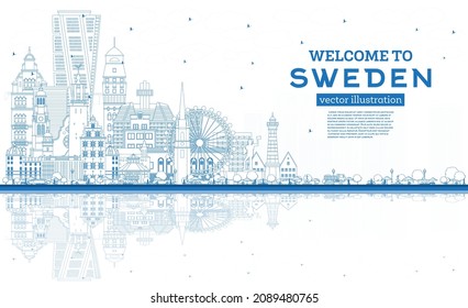 Welcome to Sweden. Outline City Skyline with Blue Buildings and Reflections. Vector Illustration. Historic Architecture. Sweden Cityscape with Landmarks. Stockholm. Uppsala. Malmo. Gothenburg.