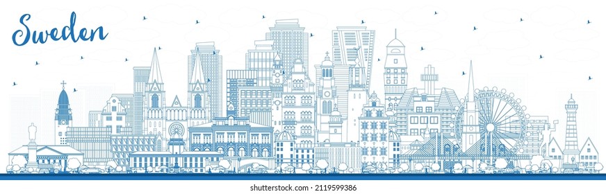 Welcome to Sweden. Outline City Skyline with Blue Buildings. Vector Illustration. Concept with Historic Architecture. Sweden Cityscape with Landmarks. Stockholm. Uppsala. Malmo. Gothenburg.