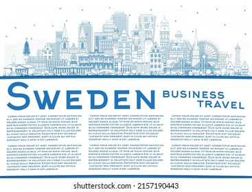 Welcome to Sweden. Outline City Skyline with Blue Buildings and Copy Space. Vector Illustration. Historic Architecture. Sweden Cityscape with Landmarks. Stockholm. Uppsala. Malmo. Gothenburg.