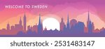 Welcome to Sweden skyline with cities panorama, gradient vector banner. Colorful Stockholm, Malmo, Gothenburg silhouette for footer, steamer, header, horizontal graphic