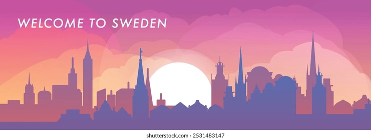 Willkommen in Schweden Skyline mit Städte Panorama, Farbverlauf Vektor Banner. Bunte Stockholm, Malmo, Göteborg Silhouette für Fußzeile, Dampfer, Header, horizontale Grafik