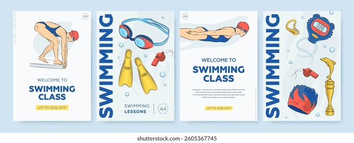 Welcome to swimming class poster, flyer or promotion web banner set. Vector illustration of athletic woman in blue swimsuit. Swimming lesson or competition advertisement concept
