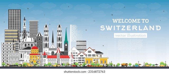Welcome to Switzerland. City Skyline with Gray Buildings and Blue Sky. Vector Illustration. Modern and Historic Architecture. Switzerland Cityscape with Landmarks. Bern. Basel. Lugano. Zurich. Geneva.