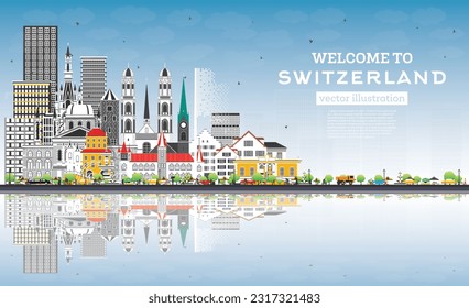 Welcome to Switzerland. City Skyline with Gray Buildings and Blue Sky. Vector Illustration. Modern and Historic Architecture. Switzerland Cityscape with Landmarks. Bern. Basel. Lugano. Zurich. Geneva.