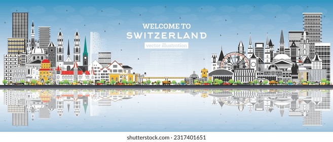 Welcome to Switzerland. City Skyline with Gray Buildings and Blue Sky. Vector Illustration. Modern and Historic Architecture. Switzerland Cityscape with Landmarks. Bern. Basel. Lugano. Zurich. Geneva.