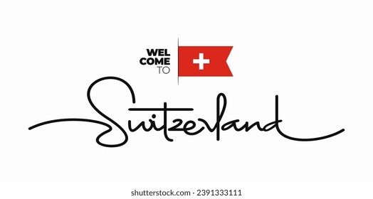 Welcome to Switzerland modern calligraphic text. handwritten with flag isolated on white background. Swiss lettering style, script, line drawing, signature, calligraphy, monoline. Vector Illustration