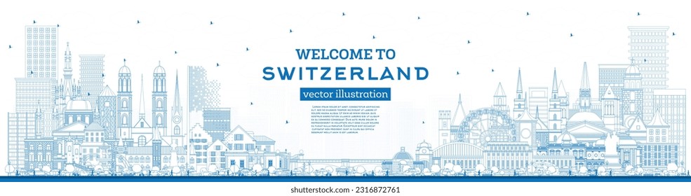 Willkommen in der Schweiz. Skyline Stadt mit blauen Gebäuden umreißen. Vektorgrafik. Moderne und historische Architektur. Schweiz Stadtlandschaft mit Sehenswürdigkeiten. Bern. Basel. Lugano. Zürich. Genf.