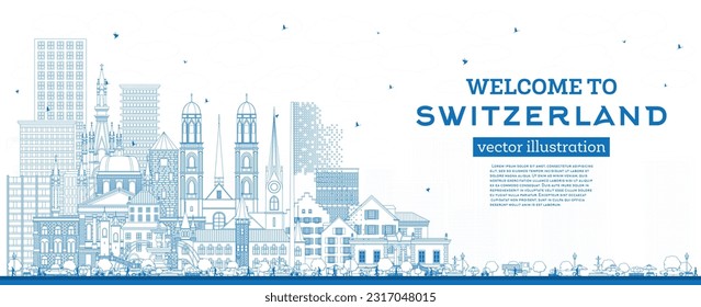 Welcome to Switzerland. Outline City Skyline with Blue Buildings. Vector Illustration. Modern and Historic Architecture. Switzerland Cityscape with Landmarks. Bern. Basel. Lugano. Zurich. Geneva.