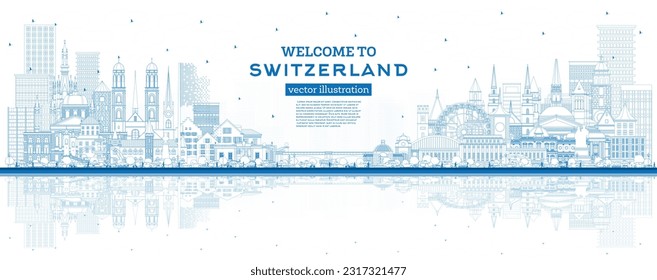 Welcome to Switzerland. Outline City Skyline with Blue Buildings. Vector Illustration. Modern and Historic Architecture. Switzerland Cityscape with Landmarks. Bern. Basel. Lugano. Zurich. Geneva.