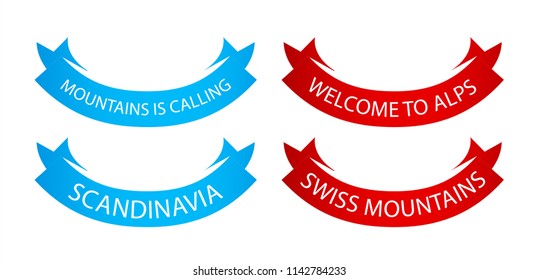 Welcome to Switzerland and Scandinavia, Set of Vector Ribbons for decoration of travel company, making order and action to travel in mountains.