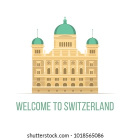 Welcome to Switzerland - vector color illustration Federal Palace icon, travel attraction, flat style design element