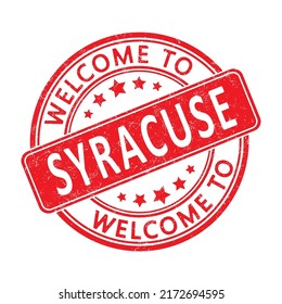 Bienvenido a Syracuse. Impresión de un sello redondo con una escoria. Estilo plano