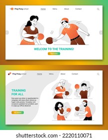 Welcome to table tennis training landing page templates set. Ping pong class, sport club, tournament web banner. People doing leisure or competing cartoon thin line cartoon vector illustration