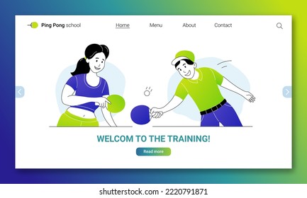 Welcome to table tennis training landing page template. Ping pong school, class, sport club, tournament website inteface. People doing leisure or competing cartoon thin line vector illustration