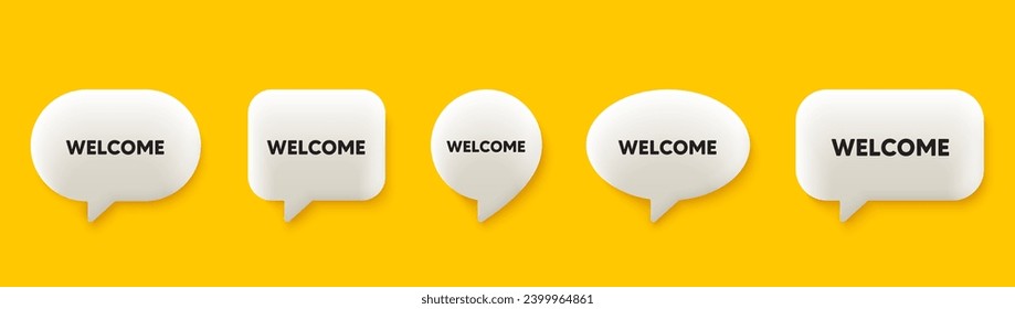 Welcome tag. 3d chat speech bubbles set. Wedding invitation offer. Hello or thank you message. Welcome talk speech message. Talk box infographics. Vector