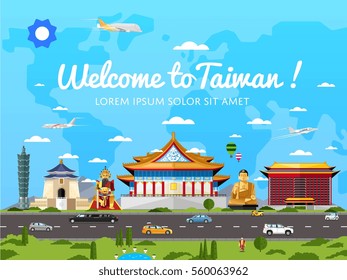 Welcome to Taiwan poster with famous attractions vector illustration. Travel design with asian statue, ancient temple and monument. Worldwide traveling, taiwan landmark, time to travel concept.