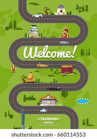 Welcome to Taiwan poster with famous attractions along winding road vector illustration. Travel design with asian statue, ancient temple and monument. Worldwide traveling, time to travel concept