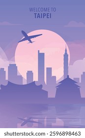 Welcome to Taiwan, Taipei. Gradient city poster, card with shapes of skyline, waterfront and airplane. China travel vector illustration, print, graphic
