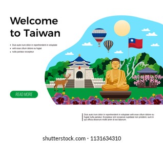 Welcome to taiwan travel agency website design composition with golden buddha image nature flag flat vector illustration
