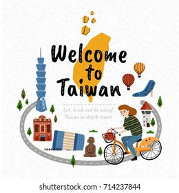 Welcome to Taiwan, travel concept illustration with famous landmarks and a girl riding a bike traveling through Taiwan