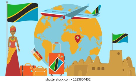 Welcome to Tanzania postcard. Travel and safari concept of Africa world map vector illustration with national flag welcome background