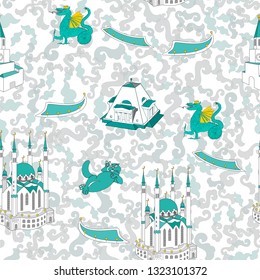 Welcome to Tatarstan. Tatar Mosque Qol Sharif and trasitional tatar ornament. Hand drawing vector illustration. Kazan Kremlin, islamic symbol.Kazan ornament