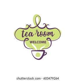 Welcome to tea room. Hand-drawn template vector logo for eco drink business. Element design of corporate identity. 