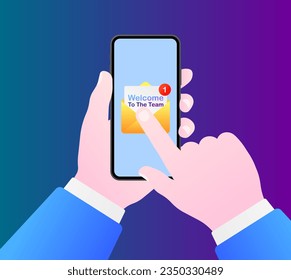 Welcome to the team alert. Flat, color, smartphone in hand, notification on smartphone, welcome sign. Vector illustration
