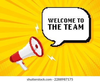 Welcome to the team megaphone for banner design. Pixel style.Vector stock illustration