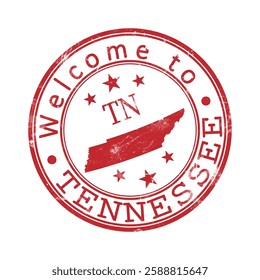 Welcome to Tennessee. A worn stamp with a silhouette of the state and an abbreviated designation. Print impression, a template for creative design