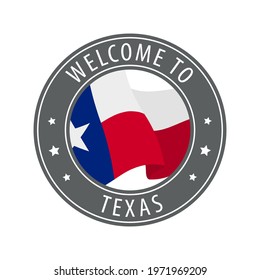 Welcome to Texas. Gray stamp with a waving state flag. Collection of welcome icons.