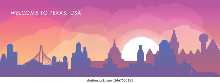 Bienvenido al estado de Texas, EE.UU. horizonte con el panorama de las ciudades, gradiente de Anuncio de Vector. Colorido Dallas, Houston, San Antonio, Austin, Fort Worth silueta para pie de página, vapor, cabecera, gráfico Horizontal