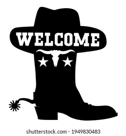 Welcome to Texas vector black graphic sign illustration with cowboy boot sihouette and western hat isolated on white with welcome text