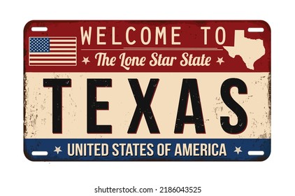 Welcome to Texas vintage rusty license plate on a white background, vector illustration