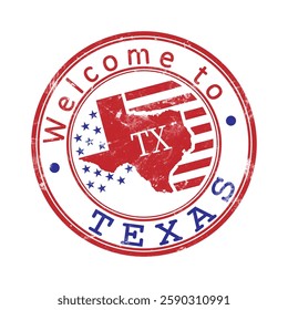 Welcome to Texas. A worn stamp with a silhouette of the state and an abbreviated designation. Print impression, a template for creative design