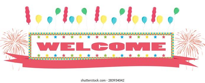 welcome text with balloon and fireworks Greeting Card banner
