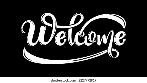 Welcome text calligraphic inscription with smooth lines in white color on black background. This handwritten suitable for, landing pages, templates, UI, web, mobile apps, posters, banners, and flyers