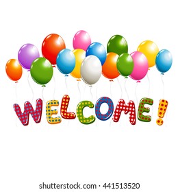 Welcome text in colorful polka dot design with balloons