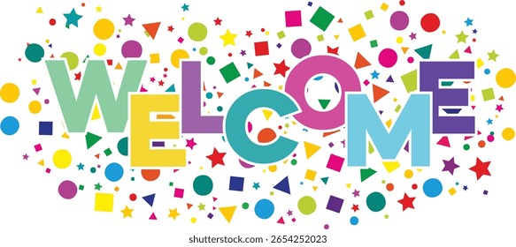 Welcome Text Multi Color  Recangles Circles Stars Polygons Shapes Background