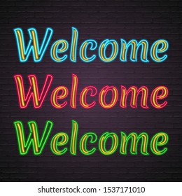 Welcome Text Neon Light Glowing Vector Illustration.  Bright, Advertising, Light Banner, Design Template Design