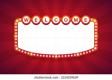 Welcome text on light frame shining retro billboard for decoration. Vector illustration