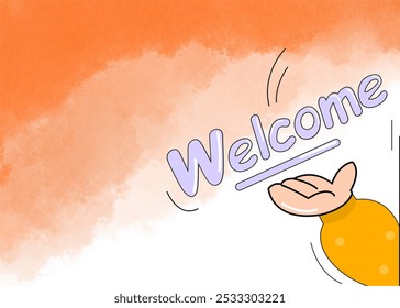 Welcome Text on Watercolor Background Held by Cartoon Hand, Playful Typography Design, Fun and Inviting Decor, Bright and Cheerful Elements, Whimsical Greeting Artwork