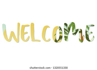 Welcome text with palm leaves, ocean and sun. Poster, postcard, web-template. Vector illustration.