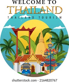 Welcome to Thailand banner and landmarks illustration