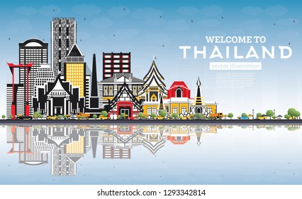 Welcome to Thailand City Skyline with Color Buildings, Blue Sky and Reflections. Vector Illustration. Tourism Concept with Historic Architecture. Thailand Cityscape with Landmarks. 